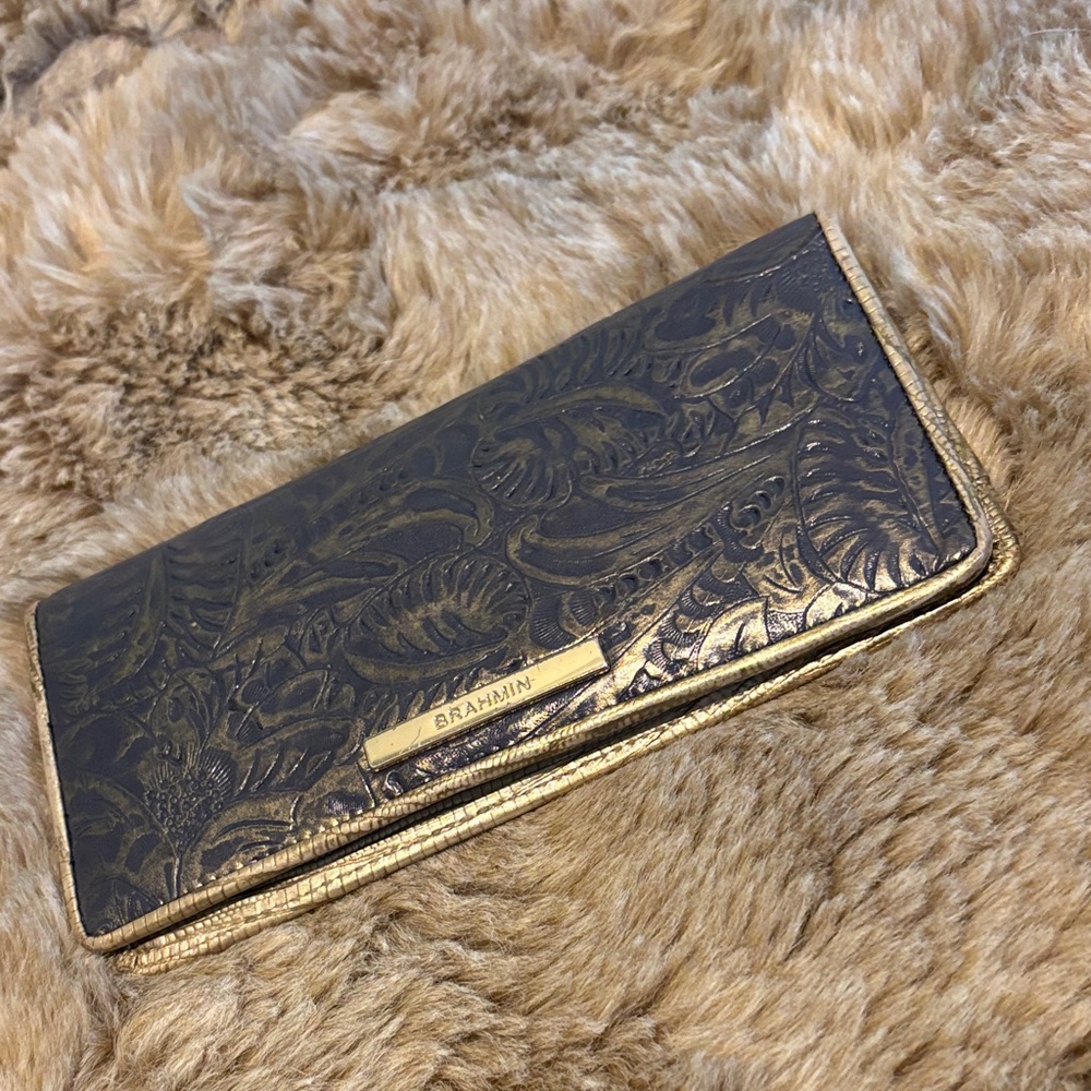 Brahmin Blue and Gold Embossed Leather Clutch wallet